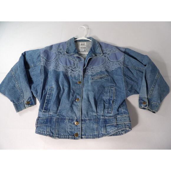 Vtg 90s Together Jean Jacket Sz Large Denim Eyelet Crochet Buttons READ - Picture 9 of 16